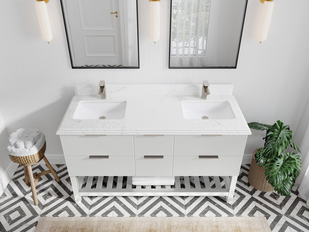 Catalina 60 in. W x 22 in. D Double Sink Bathroom Vanity in White with 1.5 in Double Cove Edge Empira Quartz Countertop- Top View