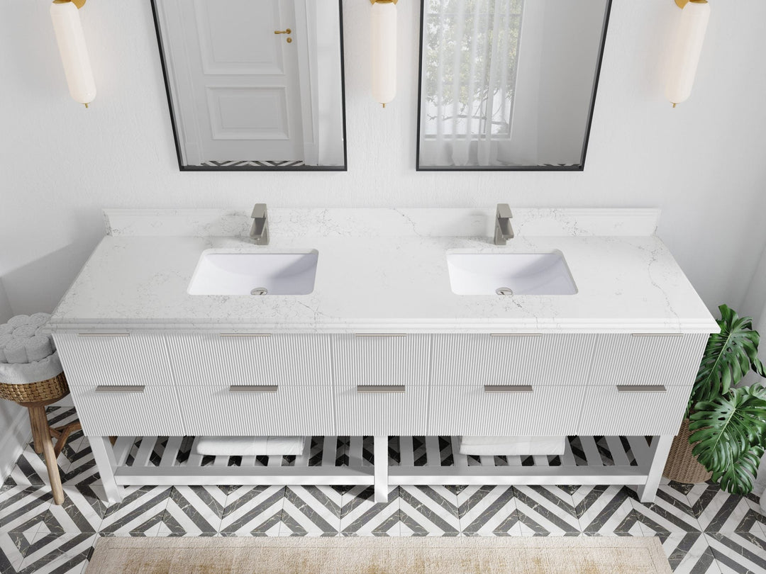 Catalina 84 in. W x 22 in. D Double Sink Bathroom Vanity in White with 1.5 in Double Cove Edge Empira Quartz Countertop - Top View 