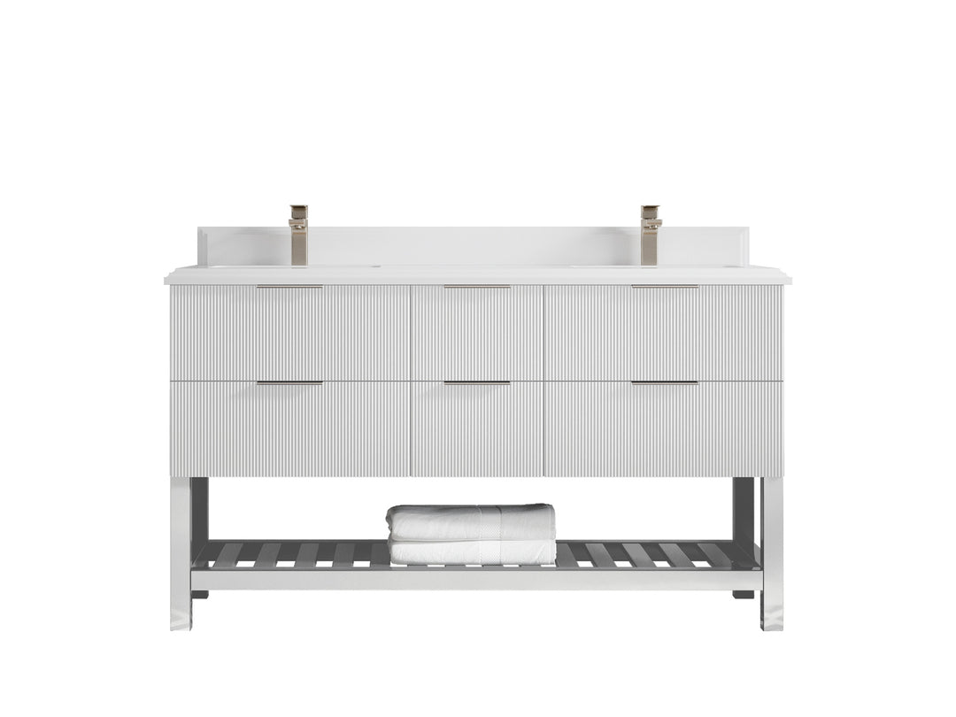 Catalina 60 in. W x 22 in. D Double Sink Bathroom Vanity in White with 1.5 in Double Cove Edge White Quartz Countertop
