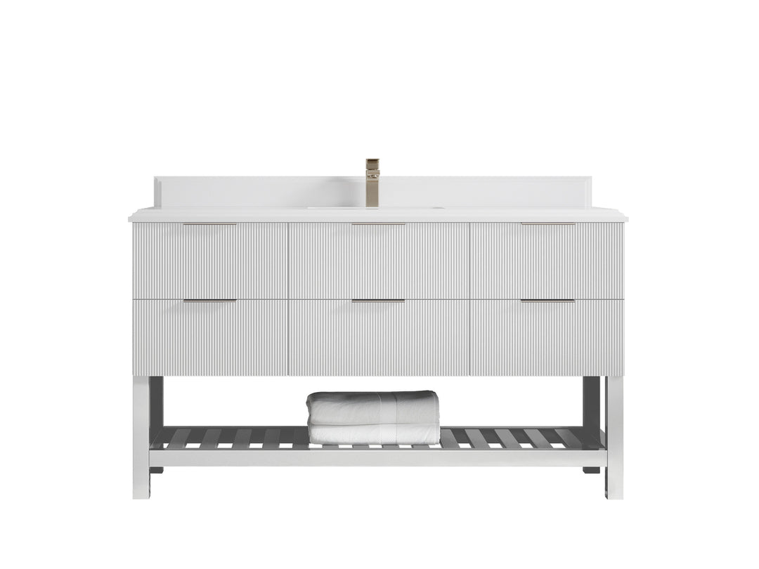 Catalina 60 in. W x 22 in. D Single Sink Bathroom Vanity in White with 1.5 in Double Cove Edge White Quartz Countertop 