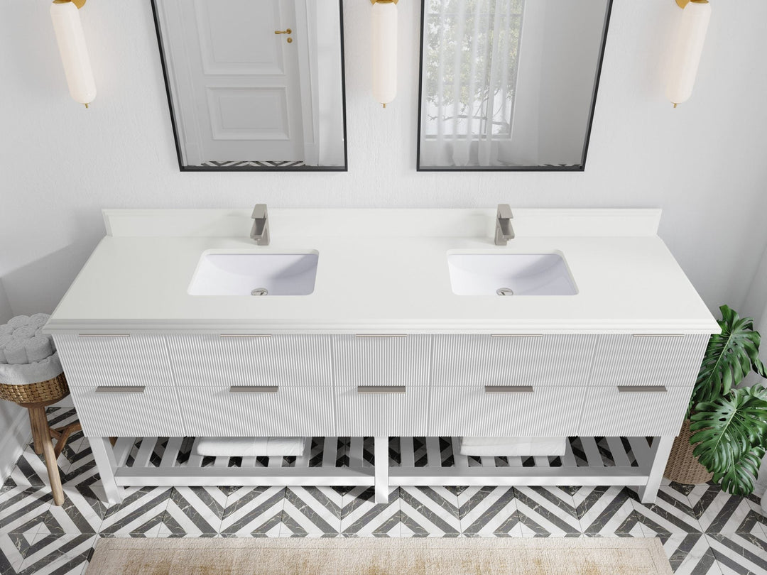 Catalina 84 in. W x 22 in. D Double Sink Bathroom Vanity in White with 1.5 in Double Cove Edge White Quartz Countertop - Top View 