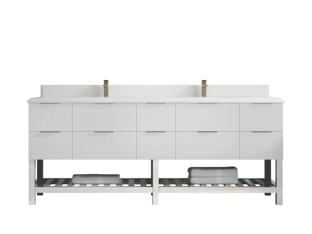 Catalina 84 in. W x 22 in. D Double Sink Bathroom Vanity in White with 1.5 in Double Cove Edge White Quartz Countertop