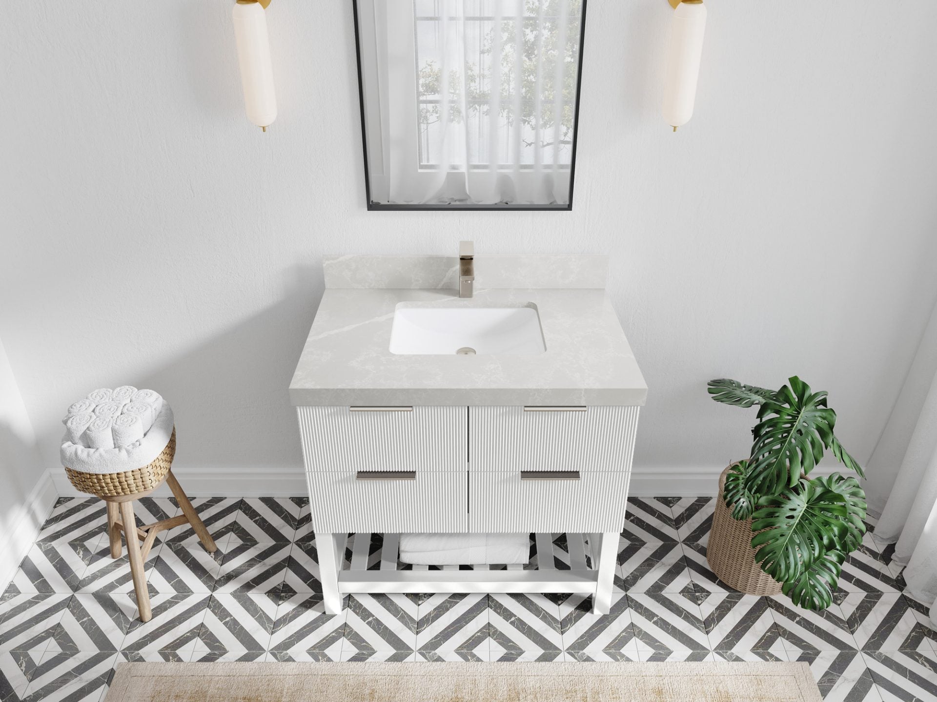 Catalina 36 in. W x 22 in. D Single Sink Bathroom Vanity in White with 2 in Pearl Light Gray Quartz Countertop - Top View