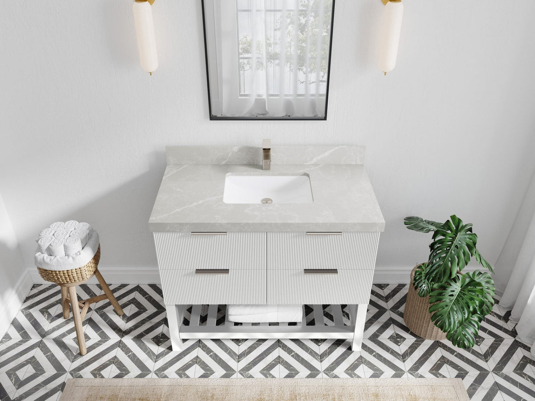 Catalina 42 in. W x 22 in. D Single Sink Bathroom Vanity in White with 2 in Pearl Light Gray Quartz Countertop Top View