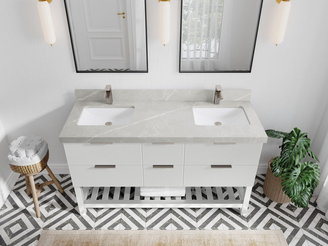 Catalina 60 in. W x 22 in. D Double Sink Bathroom Vanity in White with 2 in Pearl Light Gray Quartz Countertop- Top View