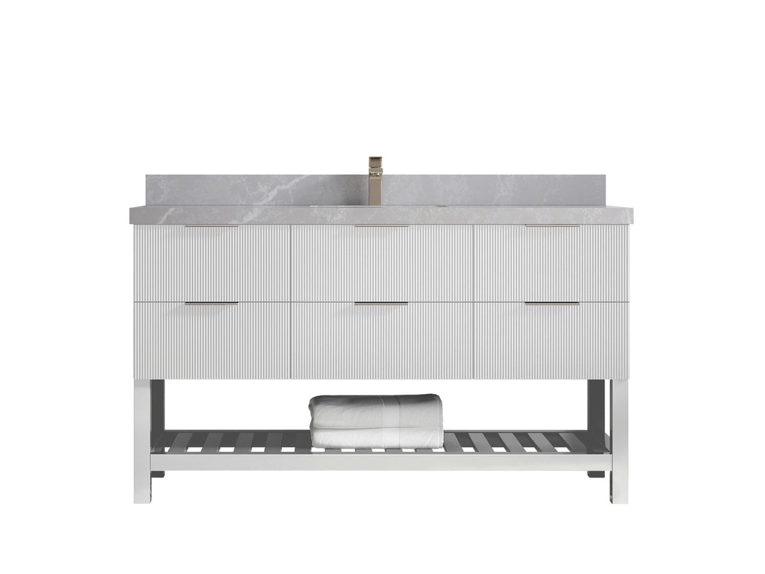 Catalina 60 in. W x 22 in. D Single Sink Bathroom Vanity in White with 2 in Pearl Light Gray Quartz Countertop