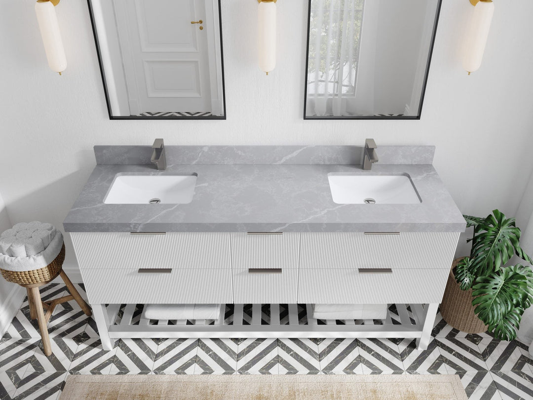 Catalina 72 in. W x 22 in. D Double Sink Bathroom Vanity in White with 2 in Pearl Light Gray Quartz Countertop - Top View