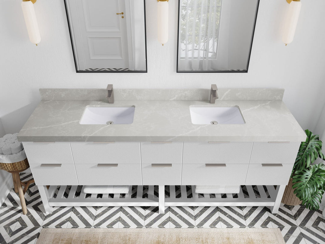 Catalina 84 in. W x 22 in. D Double Sink Bathroom Vanity in White with 2 in Pearl Light Gray Quartz Countertop - Top View