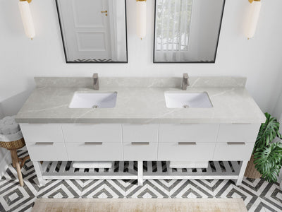 Catalina 84 in. W x 22 in. D Double Sink Bathroom Vanity in White with 2 in Pearl Light Gray Quartz Countertop - Top View