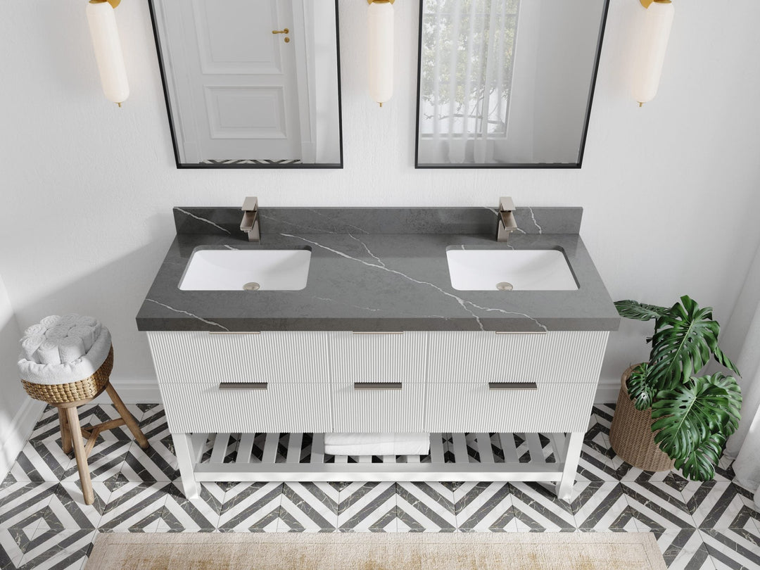 Catalina 60 in. W x 22 in. D Double Sink Bathroom Vanity in White with 2 in Piatra Gray Quartz Countertop- Top View