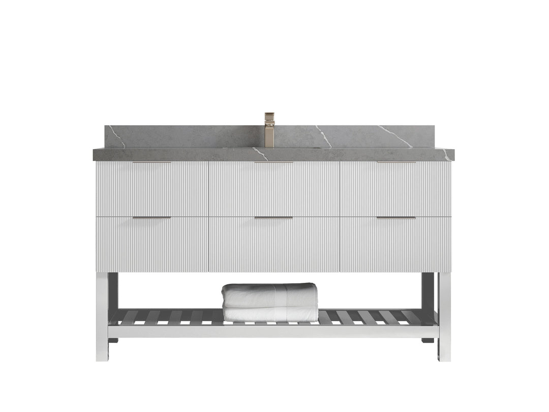 Catalina 60 in. W x 22 in. D Single Sink Bathroom Vanity in White with 2 in Piatra Gray Quartz Countertop