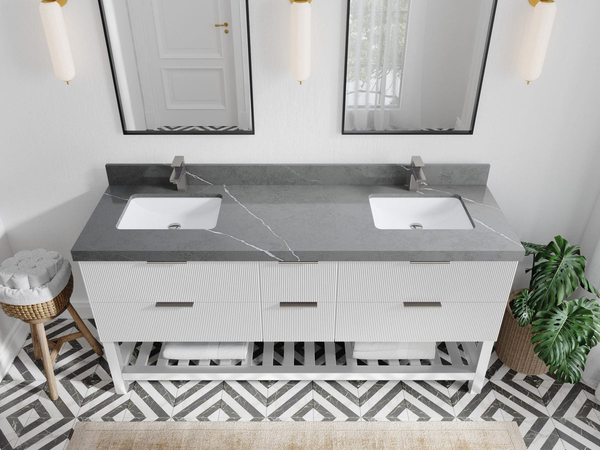 Catalina 72 in. W x 22 in. D Double Sink Bathroom Vanity in White with 2 in Piatra Gray Quartz Countertop - Top View