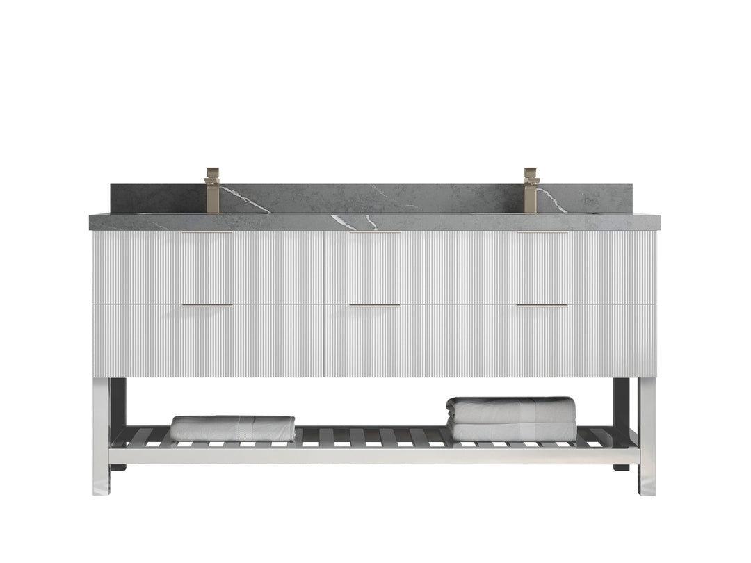 Catalina 72 in. W x 22 in. D Double Sink Bathroom Vanity in White with 2 in Piatra Gray Quartz Countertop