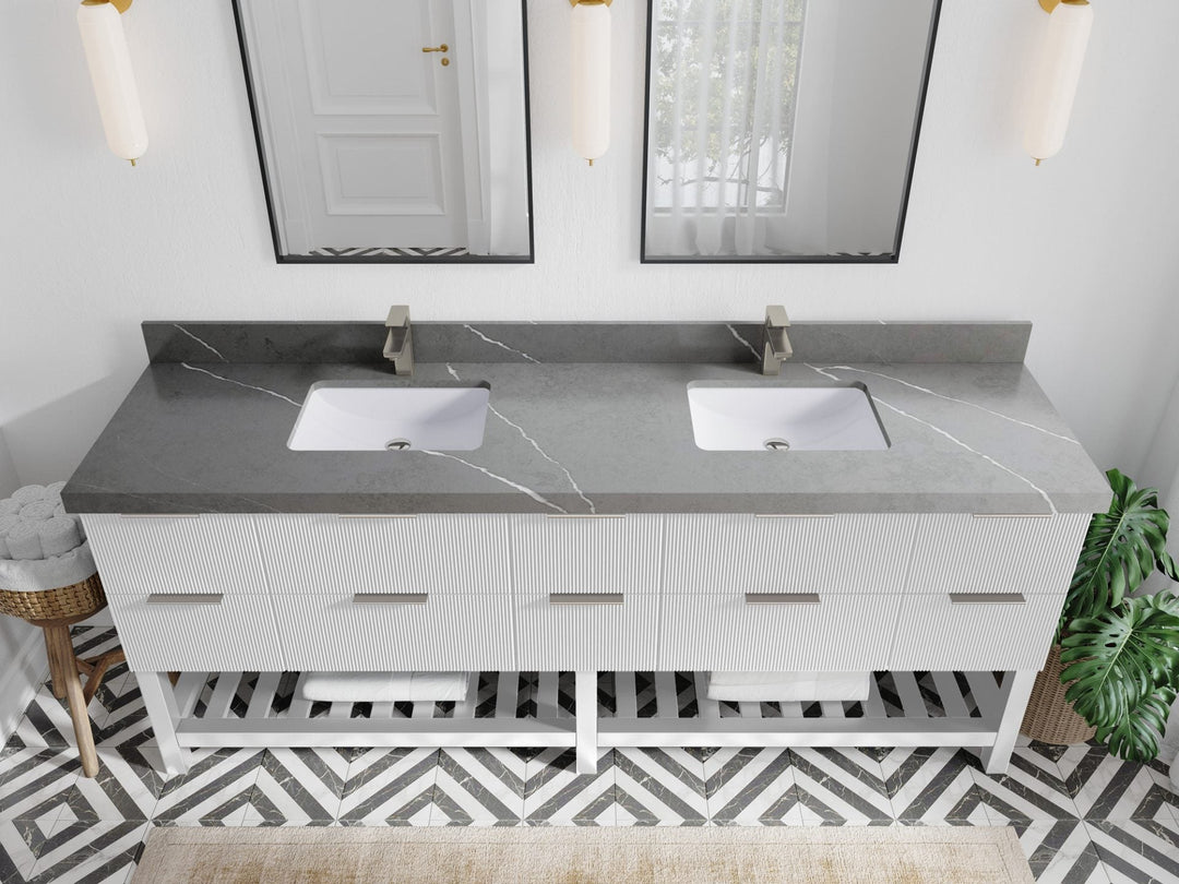 Catalina 84 in. W x 22 in. D Double Sink Bathroom Vanity in White with 2 in Piatra Gray Quartz Countertop - Top View