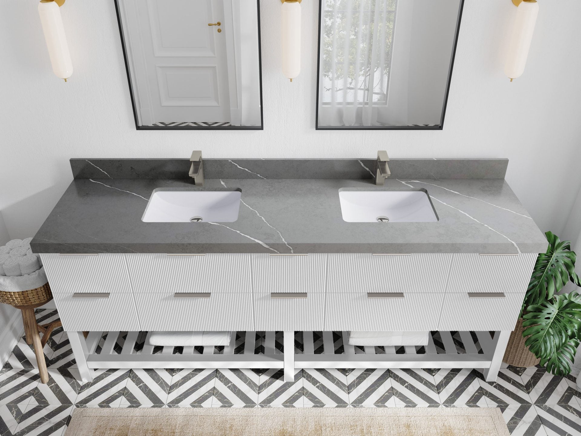 Catalina 84 in. W x 22 in. D Double Sink Bathroom Vanity in White with 2 in Piatra Gray Quartz Countertop - Top View