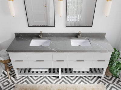 Catalina 84 in. W x 22 in. D Double Sink Bathroom Vanity in White with 2 in Piatra Gray Quartz Countertop - Top View