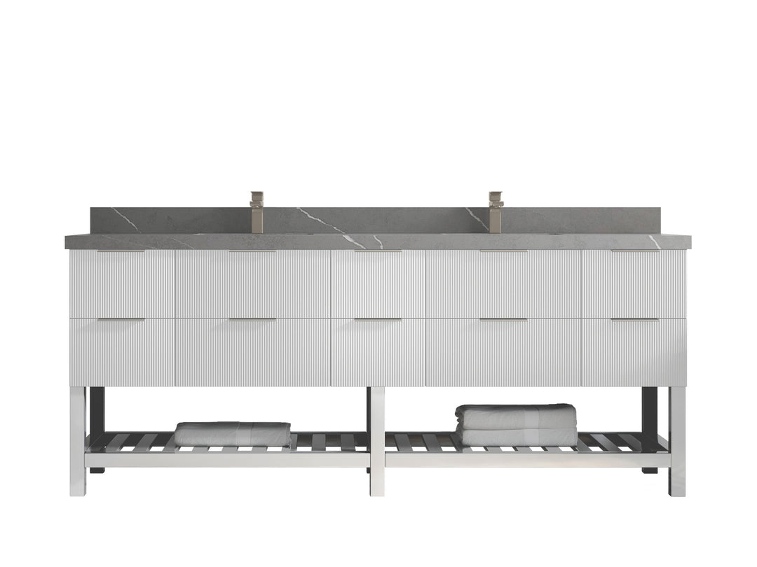 Catalina 84 in. W x 22 in. D Double Sink Bathroom Vanity in White with 2 in Piatra Gray Quartz Countertop