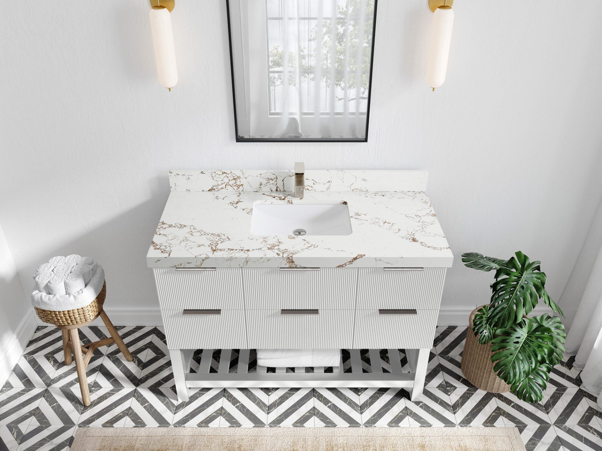 Catalina 48 in. W x 22 in. D Single Sink Bathroom Vanity in White with 2 in Viola Gold Quartz Countertop - Top View