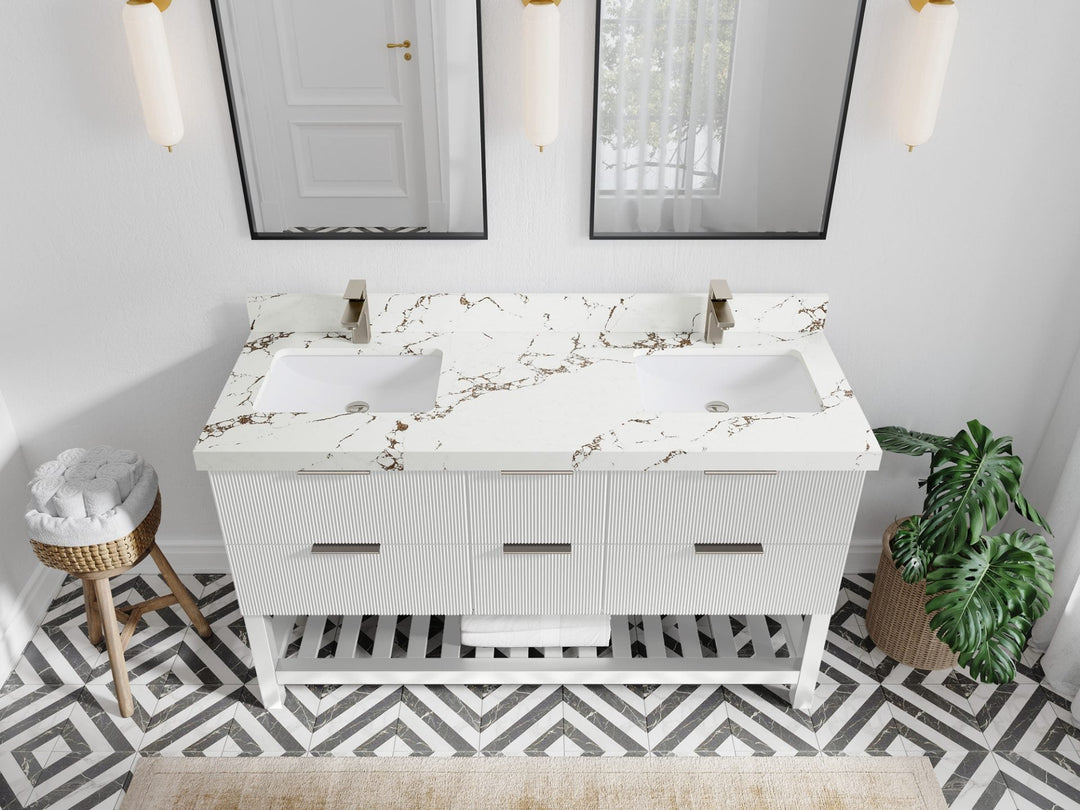 Catalina 60 in. W x 22 in. D Double Sink Bathroom Vanity in White with 2 in Viola Brown Quartz Countertop- Top View