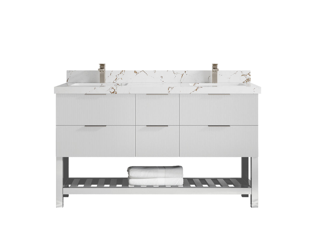 Catalina 60 in. W x 22 in. D Double Sink Bathroom Vanity in White with 2 in Viola Brown Quartz Countertop