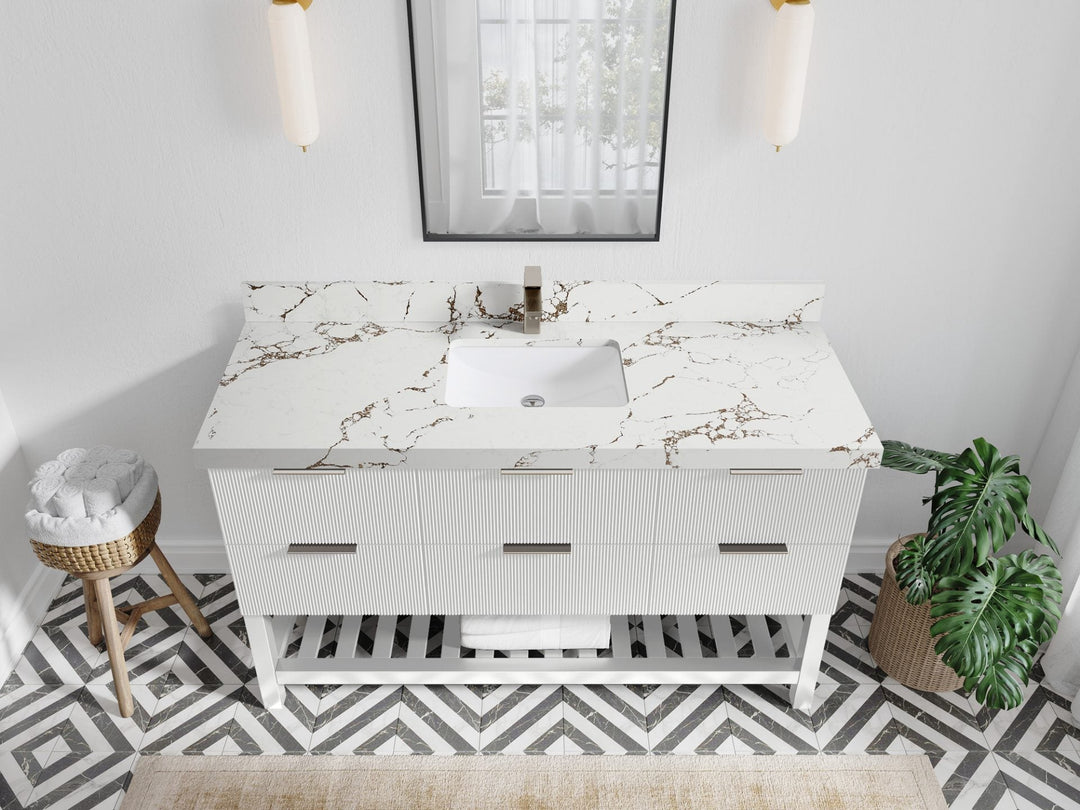 Catalina 60 in. W x 22 in. D Single Sink Bathroom Vanity in White with 2 in Viola Brown Quartz Countertop - Top View