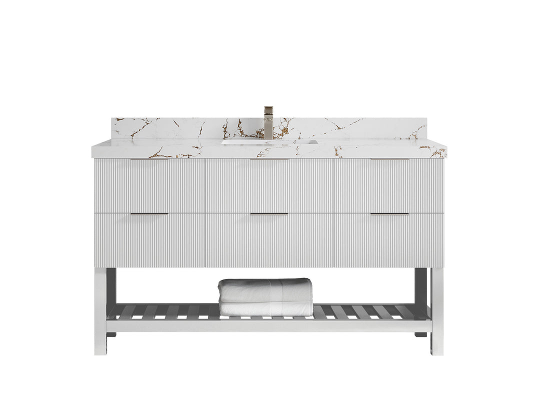 Catalina 60 in. W x 22 in. D Single Sink Bathroom Vanity in White with 2 in Viola Brown Quartz Countertop