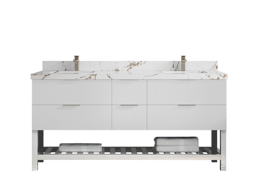 Catalina 72 in. W x 22 in. D Double Sink Bathroom Vanity in White with 2 in Viola Brown Quartz Countertop 