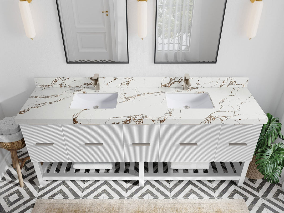 Catalina 84 in. W x 22 in. D Double Sink Bathroom Vanity in White with 2 in Viola Brown Quartz Countertop - Top View