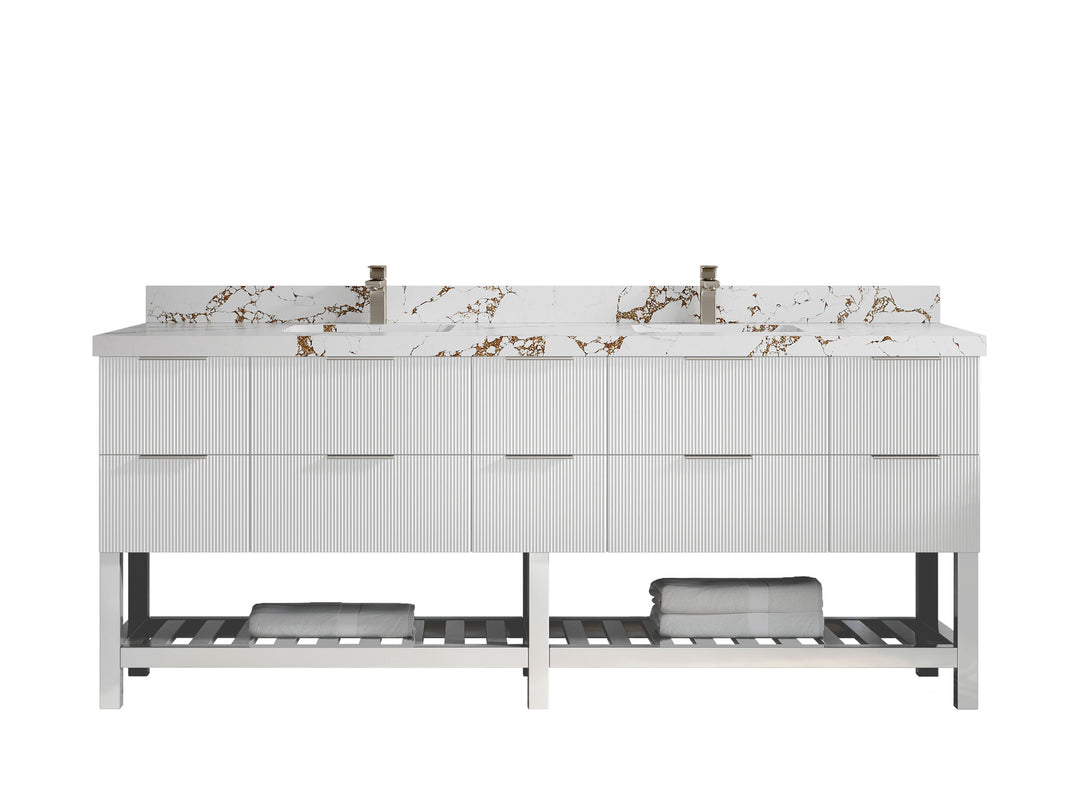 Catalina 84 in. W x 22 in. D Double Sink Bathroom Vanity in White with 2 in Viola Brown Quartz Countertop