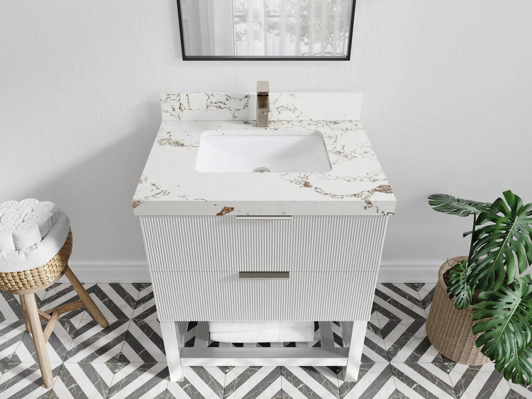 Catalina 30 in. W x 22 in. D Single Sink Bathroom Vanity in White with 2 in Viola Gold Quartz Countertop - Top View
