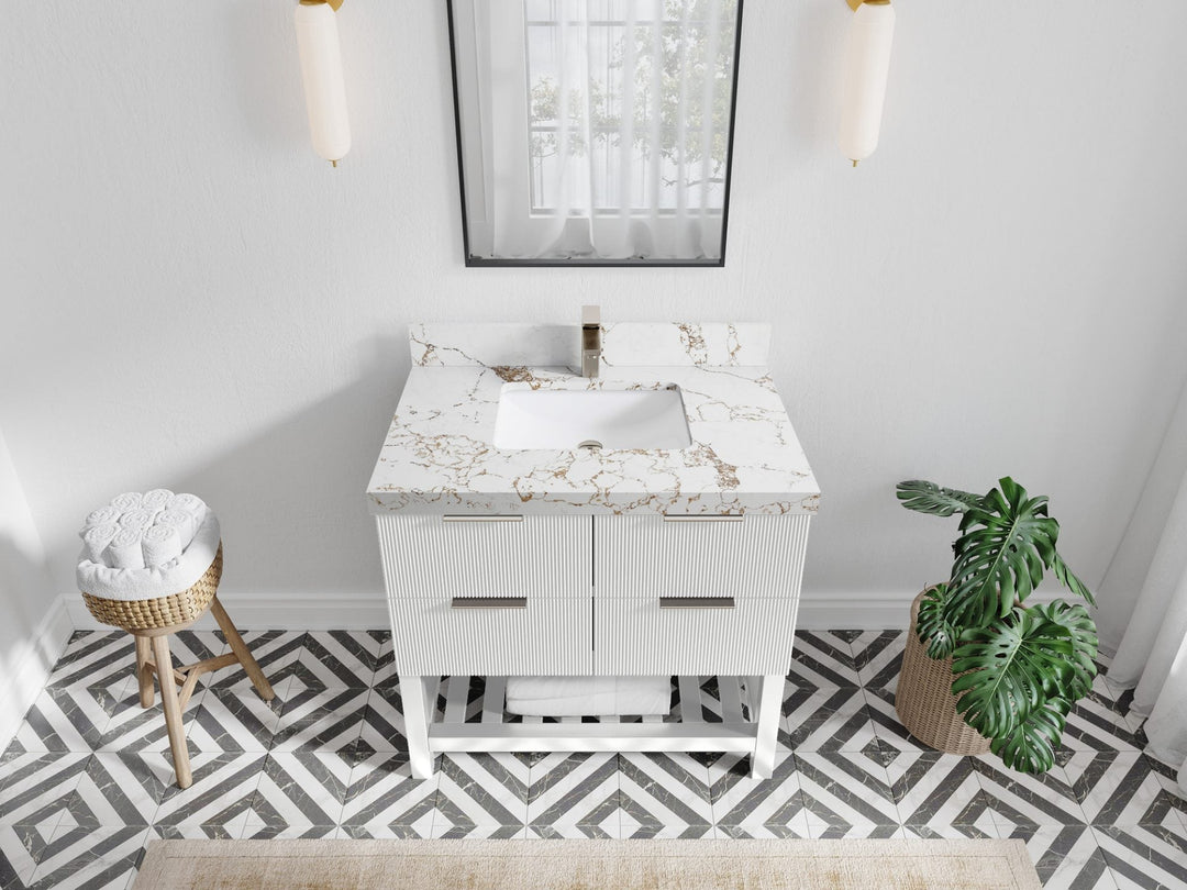 Catalina 36 in. W x 22 in. D Single Sink Bathroom Vanity in White with 2 in Viola Gold Quartz Countertop - Top View