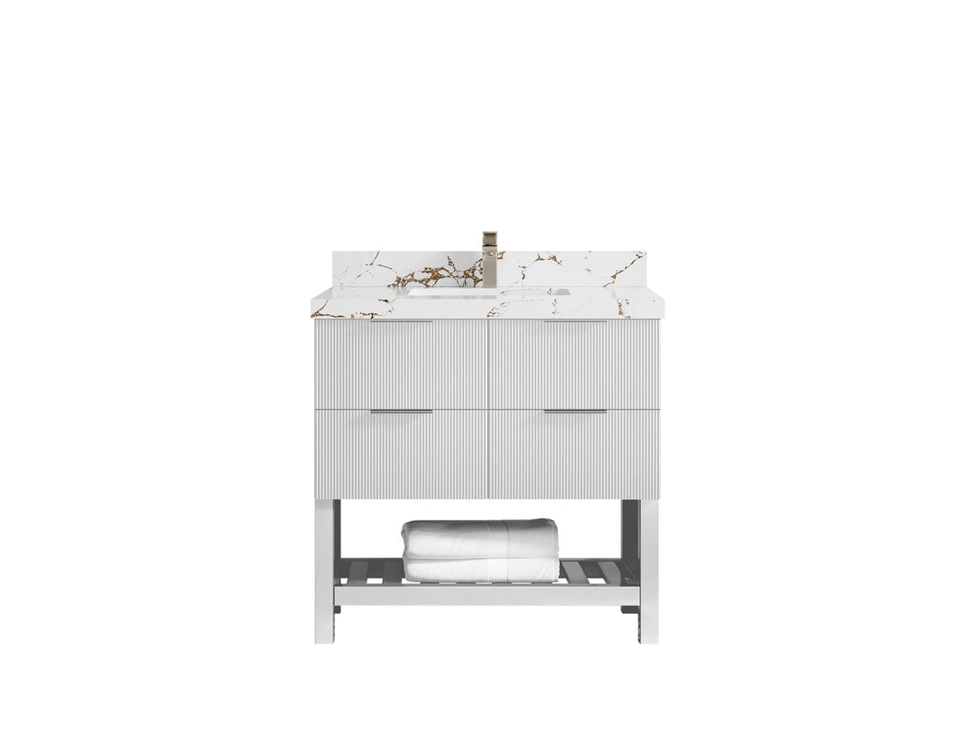 Catalina 36 in. W x 22 in. D Single Sink Bathroom Vanity in White with 2 in Viola Gold Quartz Countertop 