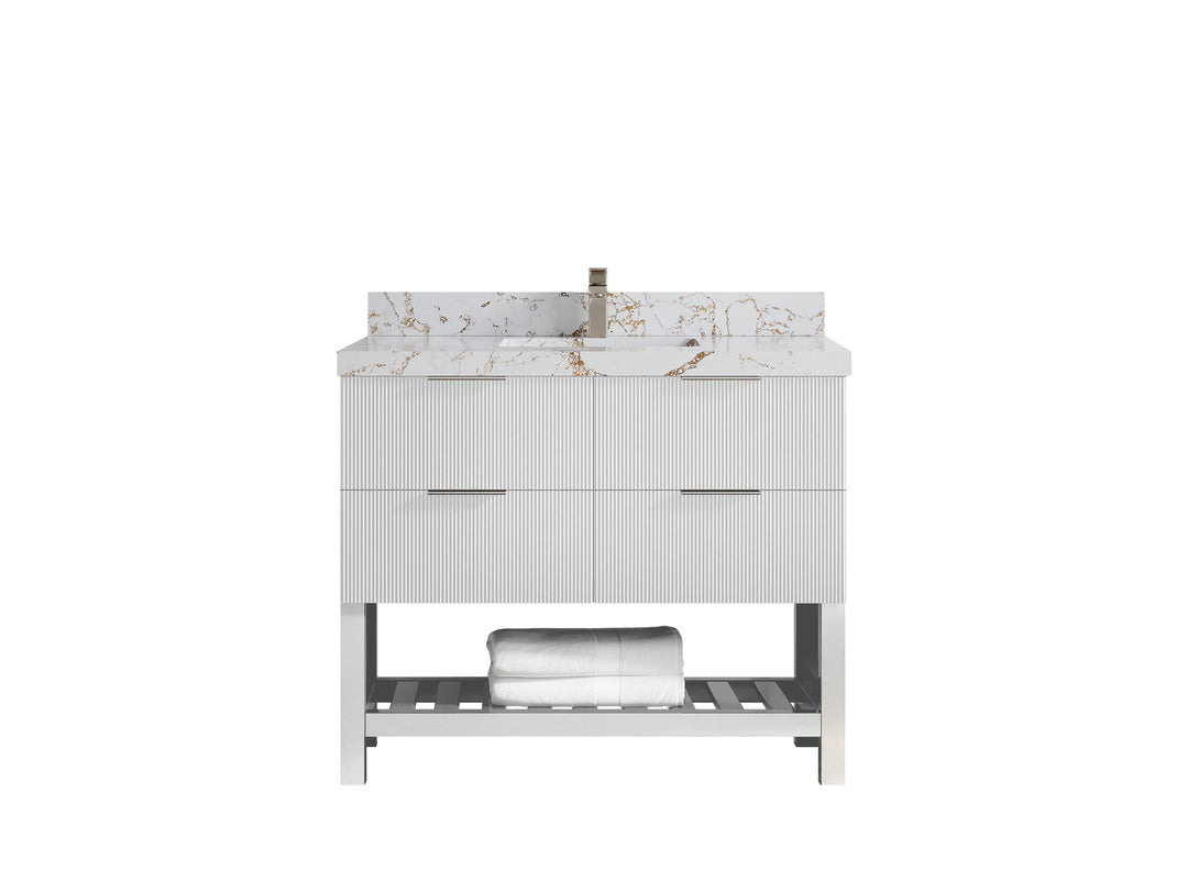 Catalina 42 in. W x 22 in. D Single Sink Bathroom Vanity in White with 2 in Viola Gold Quartz Countertop
