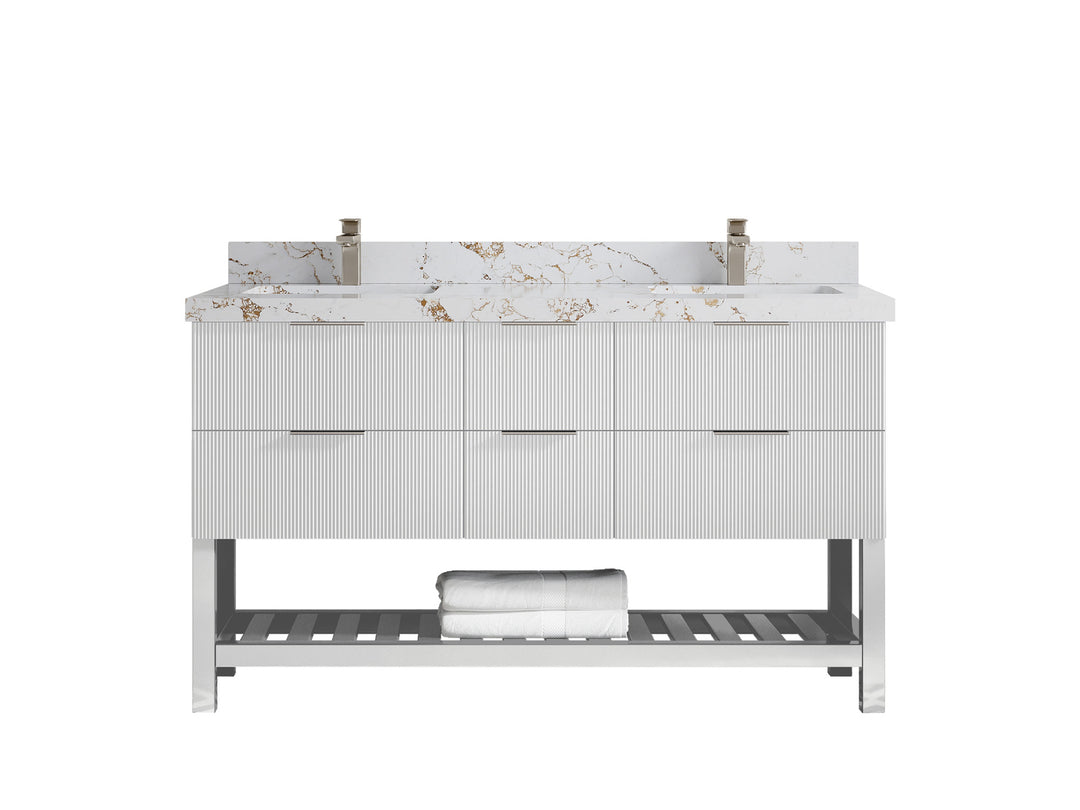 Catalina 60 in. W x 22 in. D Double Sink Bathroom Vanity in White with 2 in Viola Gold Quartz Countertop