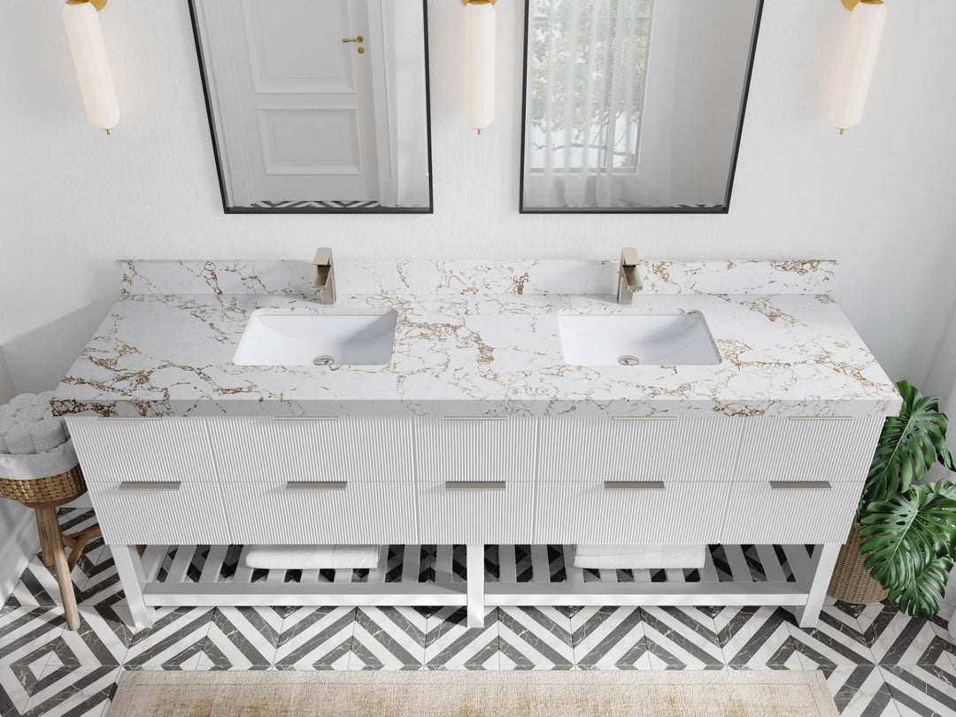 Catalina 84 in. W x 22 in. D Double Sink Bathroom Vanity in White with 2 in Viola Gold Quartz Countertop - Top View