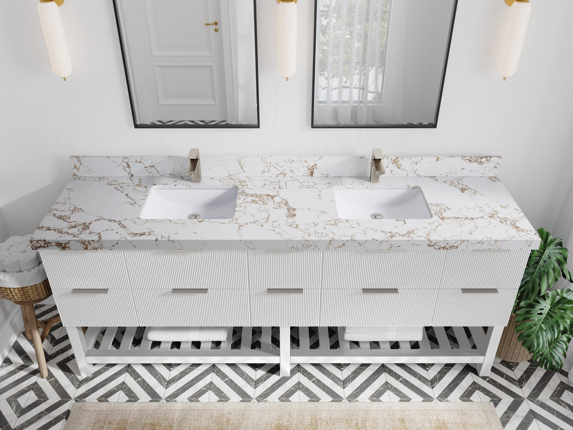 Catalina 84 in. W x 22 in. D Double Sink Bathroom Vanity in White with 2 in Viola Gold Quartz Countertop - Top View