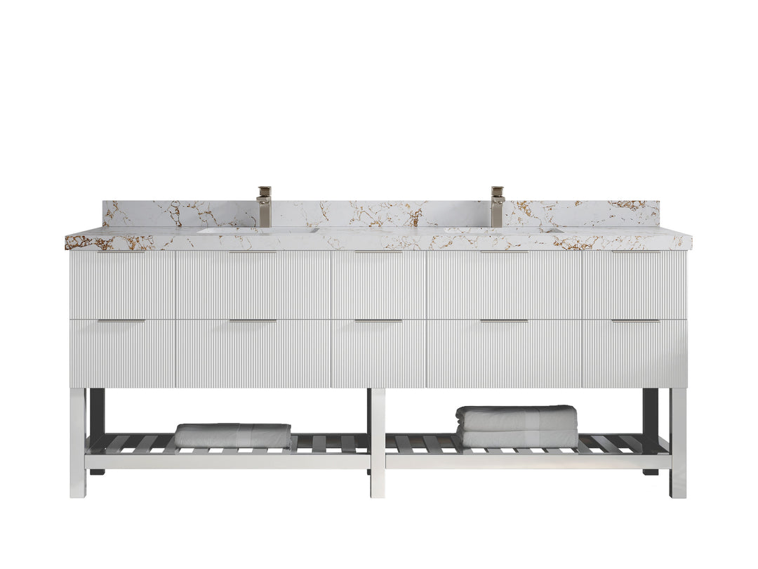Catalina 84 in. W x 22 in. D Double Sink Bathroom Vanity in White with 2 in Viola Gold Quartz Countertop