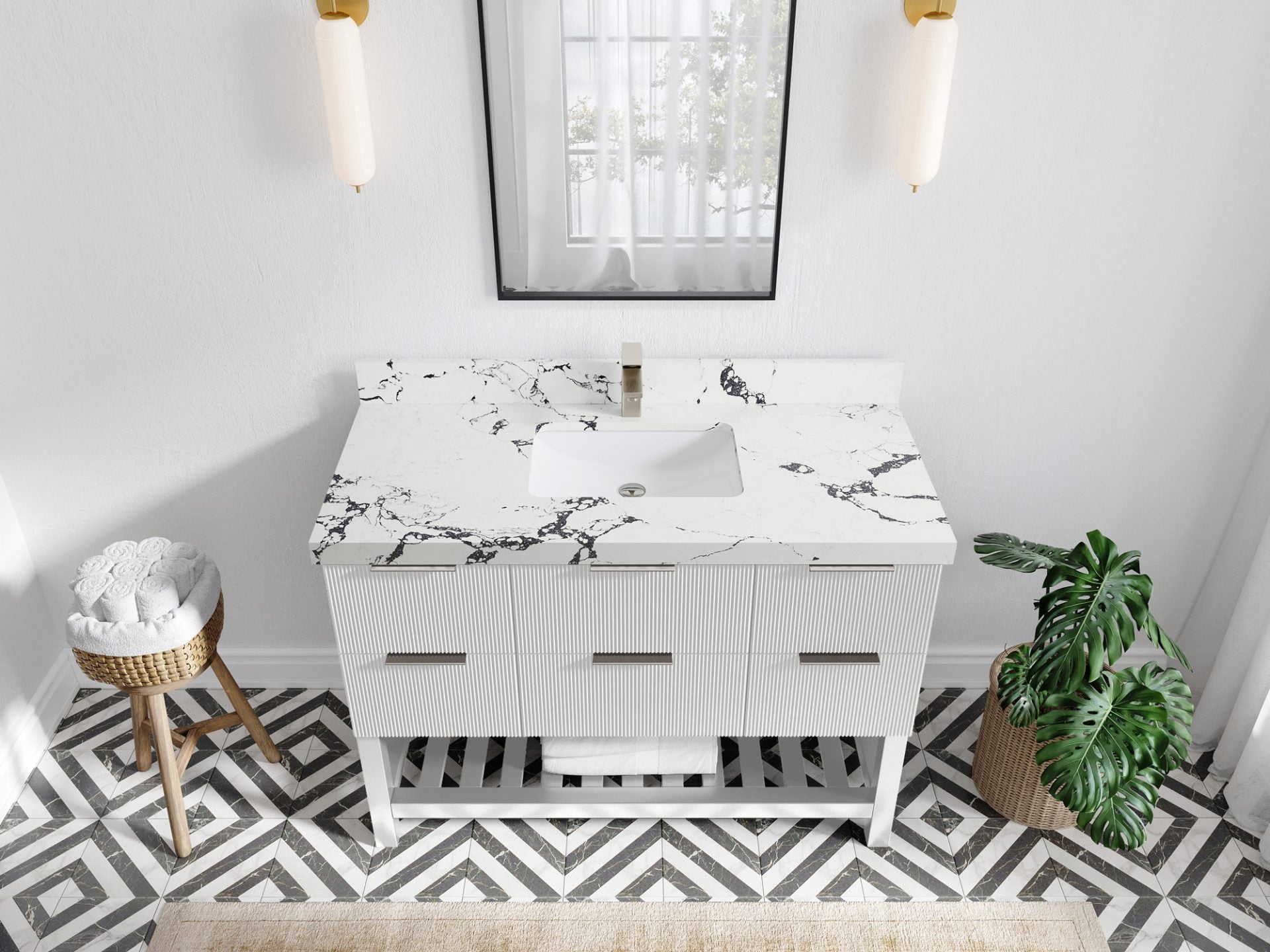 Catalina 48 in. W x 22 in. D Single Sink Bathroom Vanity in White with 2 in Viola Night Quartz Countertop - Top View