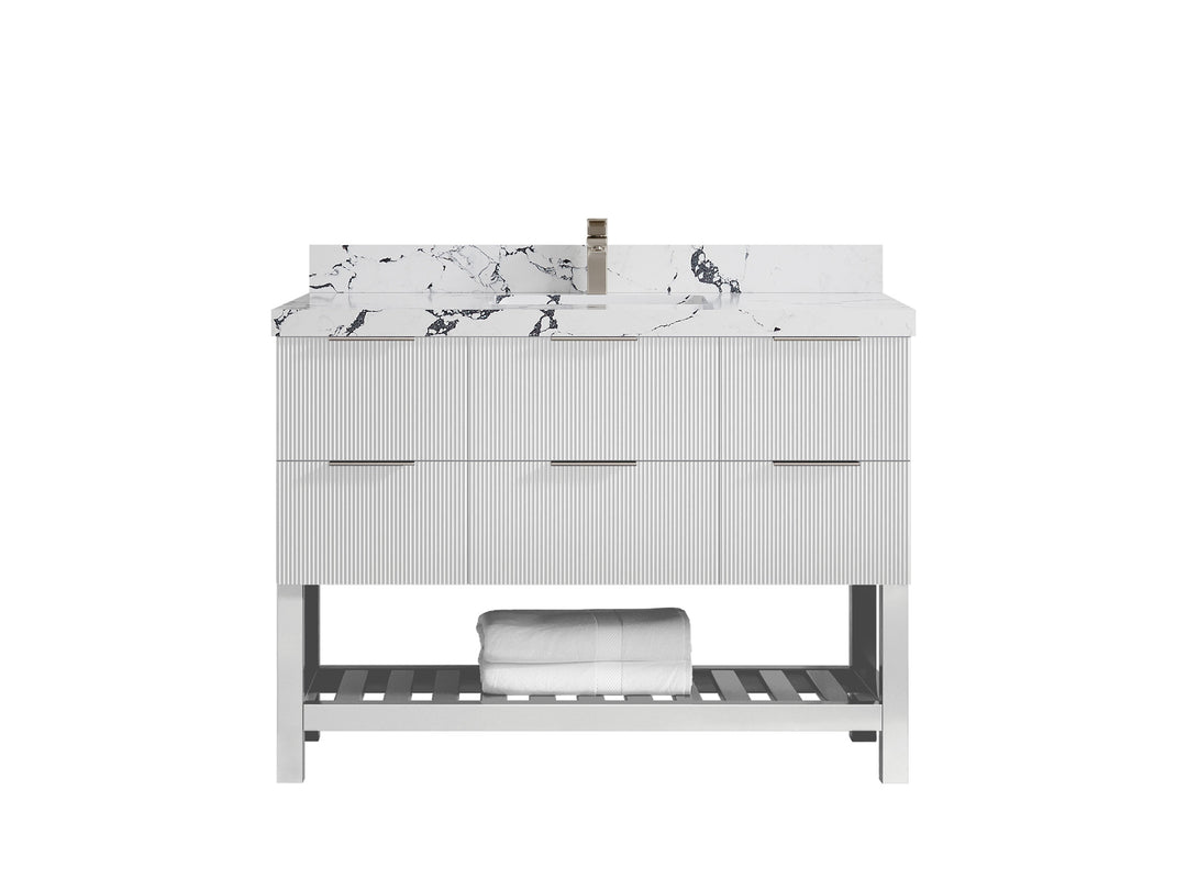Catalina 48 in. W x 22 in. D Single Sink Bathroom Vanity in White with 2 in Viola Night Quartz Countertop