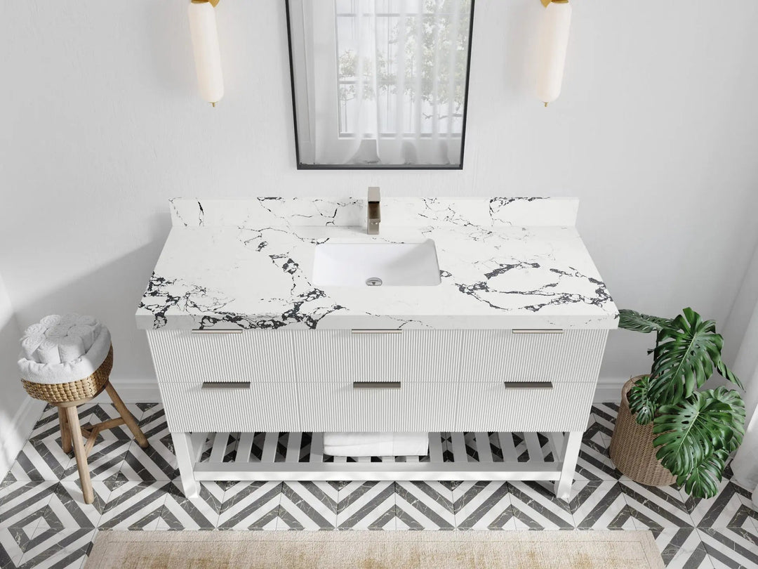 Catalina 60 in. W x 22 in. D Single Sink Bathroom Vanity in White with 2 in Viola Night Quartz Countertop - Top View