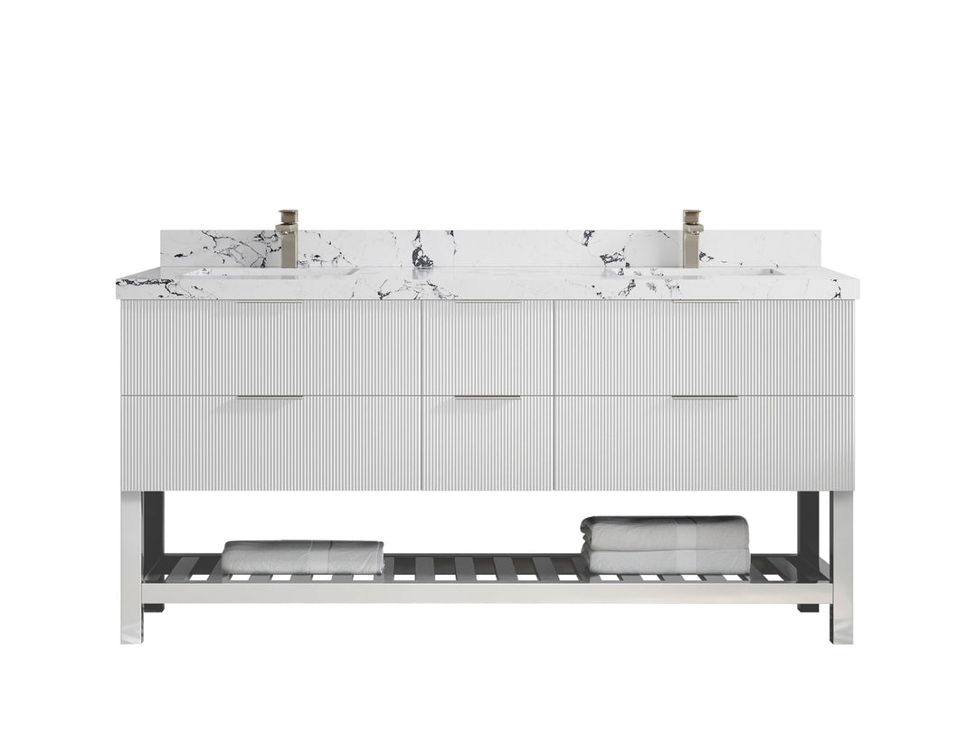 Catalina 72 in. W x 22 in. D Double Sink Bathroom Vanity in White with 2 in Viola Night Quartz Countertop