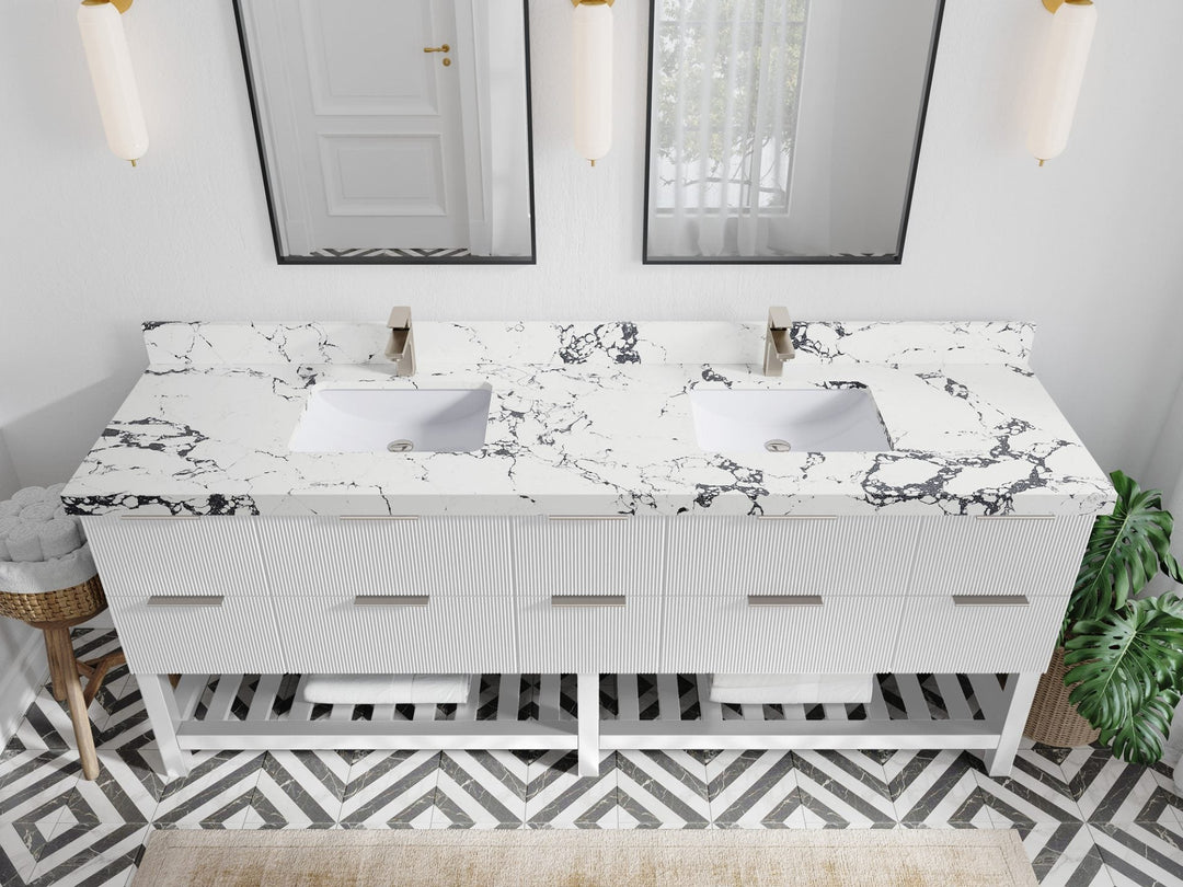 Catalina 84 in. W x 22 in. D Double Sink Bathroom Vanity in White with 2 in Viola Night Quartz Countertop - Top View