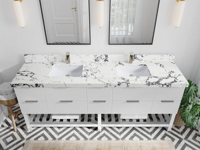 Catalina 84 in. W x 22 in. D Double Sink Bathroom Vanity in White with 2 in Viola Night Quartz Countertop - Top View
