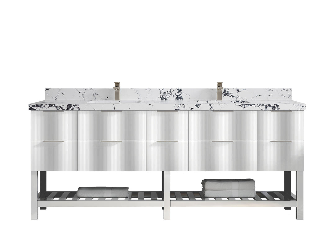 Catalina 84 in. W x 22 in. D Double Sink Bathroom Vanity in White with 2 in Viola Night Quartz Countertop