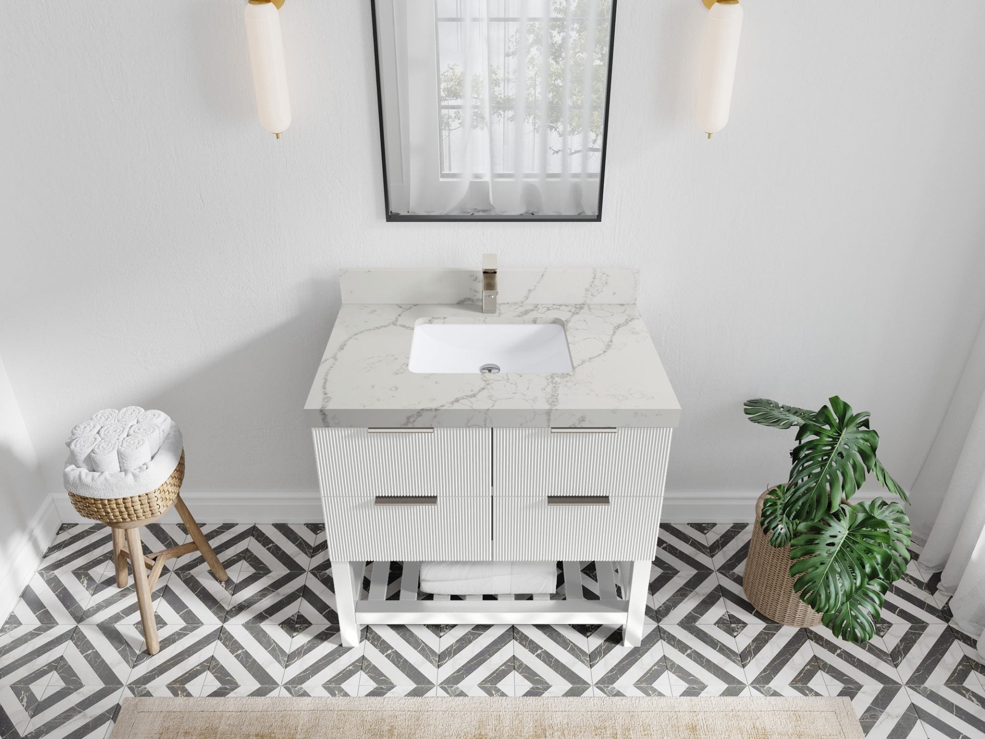Catalina 36 in. W x 22 in. D Single Sink Bathroom Vanity in White with 2 in Venatino Quartz Countertop - Top View