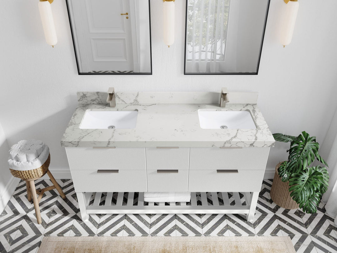 Catalina 60 in. W x 22 in. D Double Sink Bathroom Vanity in White with 2 in Venatino Quartz Countertop- Top View