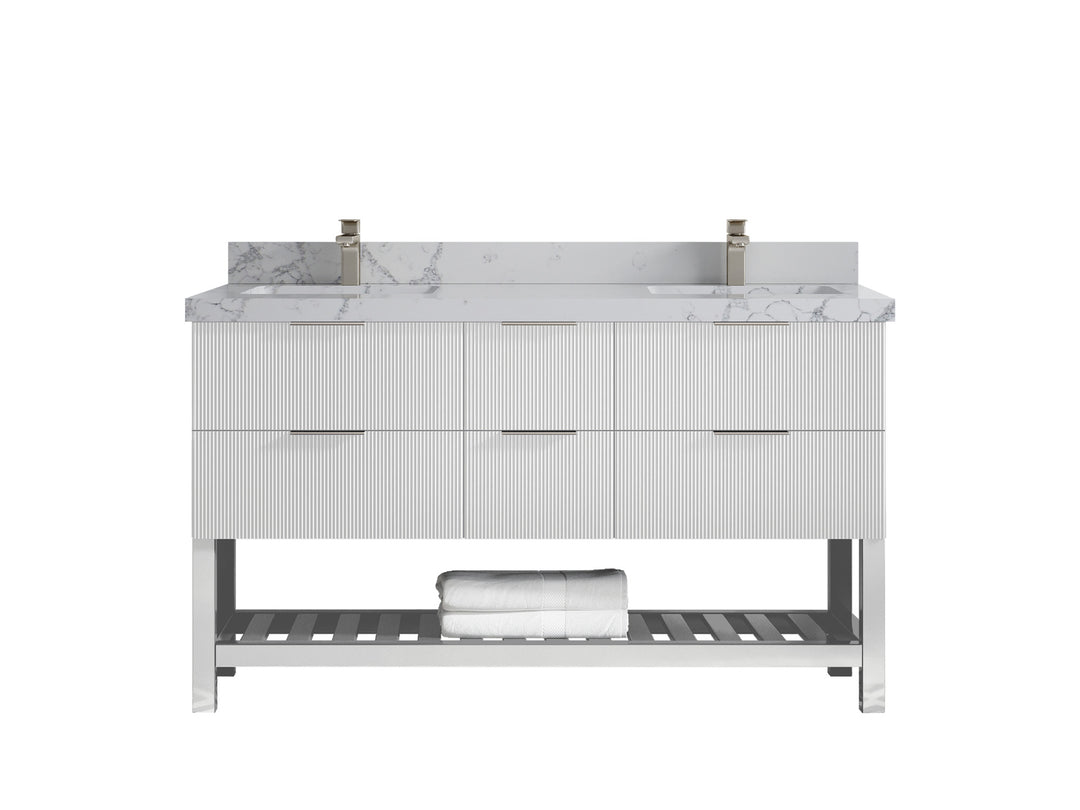 Catalina 60 in. W x 22 in. D Double Sink Bathroom Vanity in White with 2 in Venatino Quartz Countertop