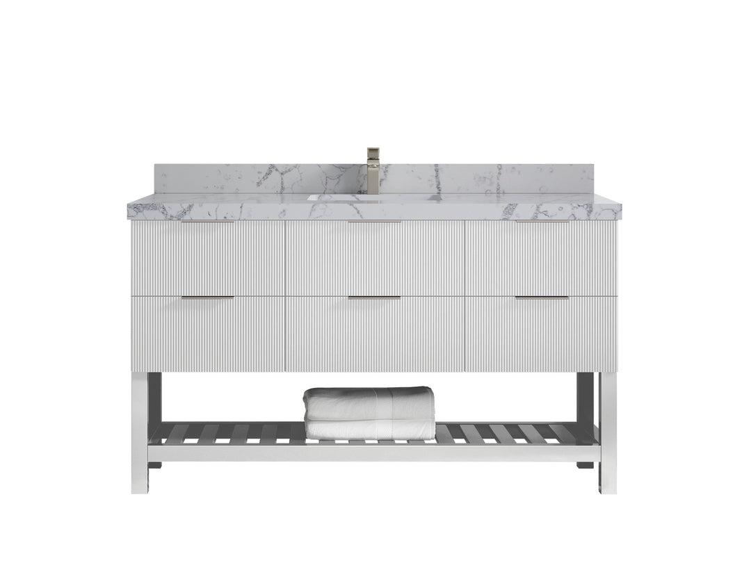 Catalina 60 in. W x 22 in. D Single Sink Bathroom Vanity in White with 2 in Venatino Quartz Countertop