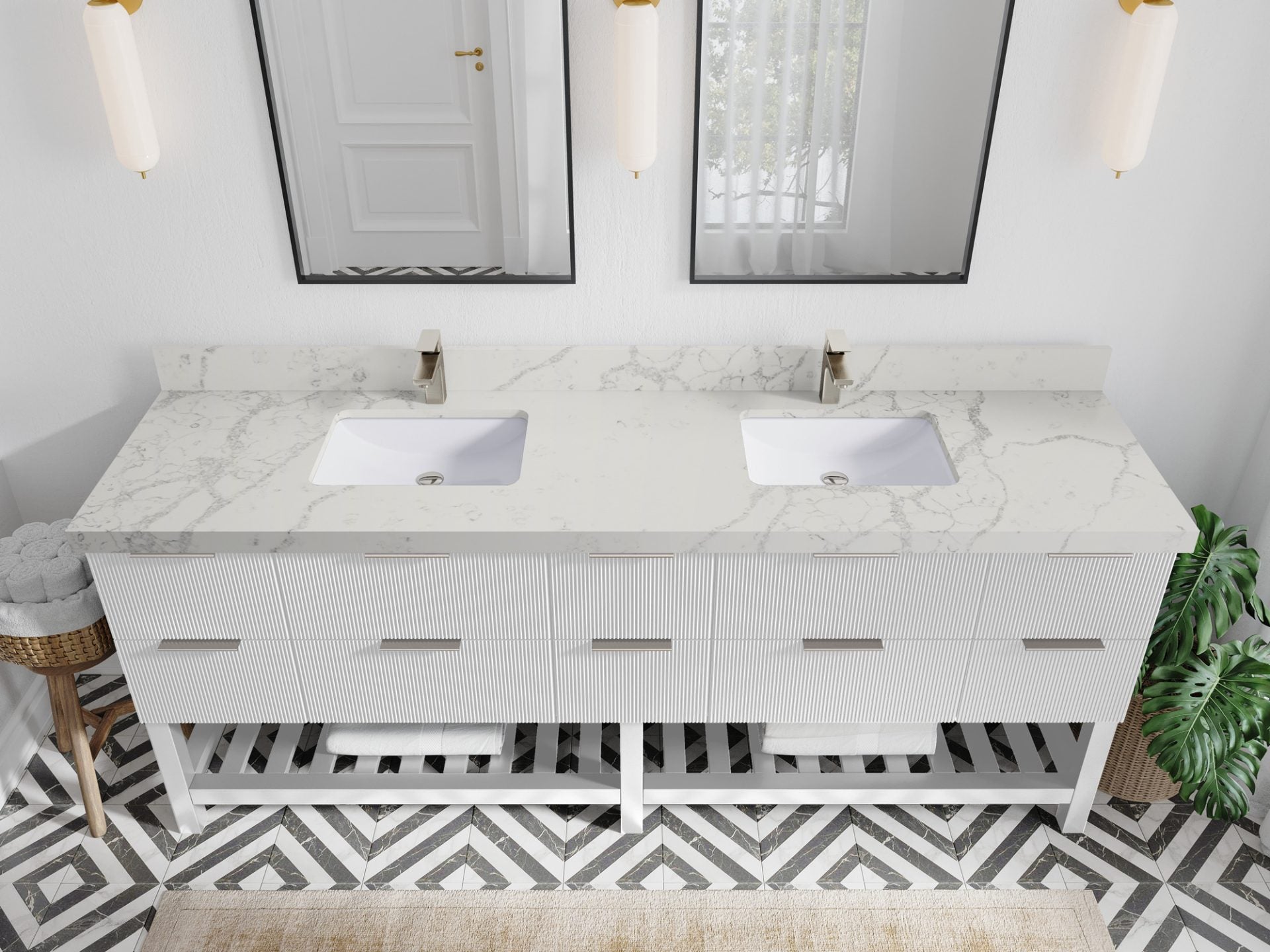 Catalina 84 in. W x 22 in. D Double Sink Bathroom Vanity in White with 2 in Venatino Quartz Countertop - Top View