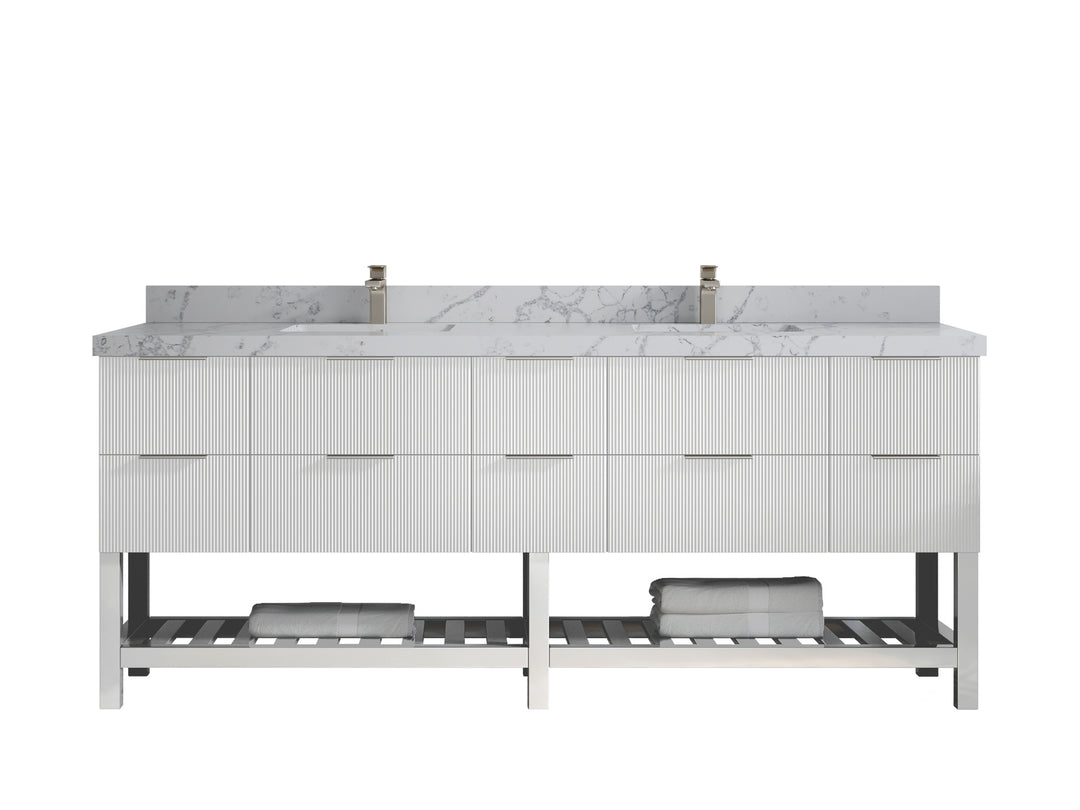 Catalina 84 in. W x 22 in. D Double Sink Bathroom Vanity in White with 2 in Venatino Quartz Countertop